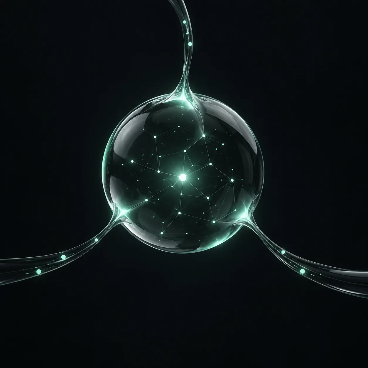 A glass core with connected knowledge points and mint light.