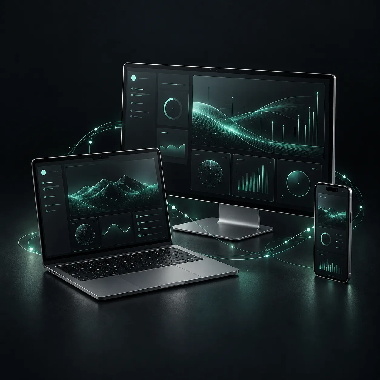 A modern monitor, laptop and smartphone with futuristic software interfaces and mint light connections.